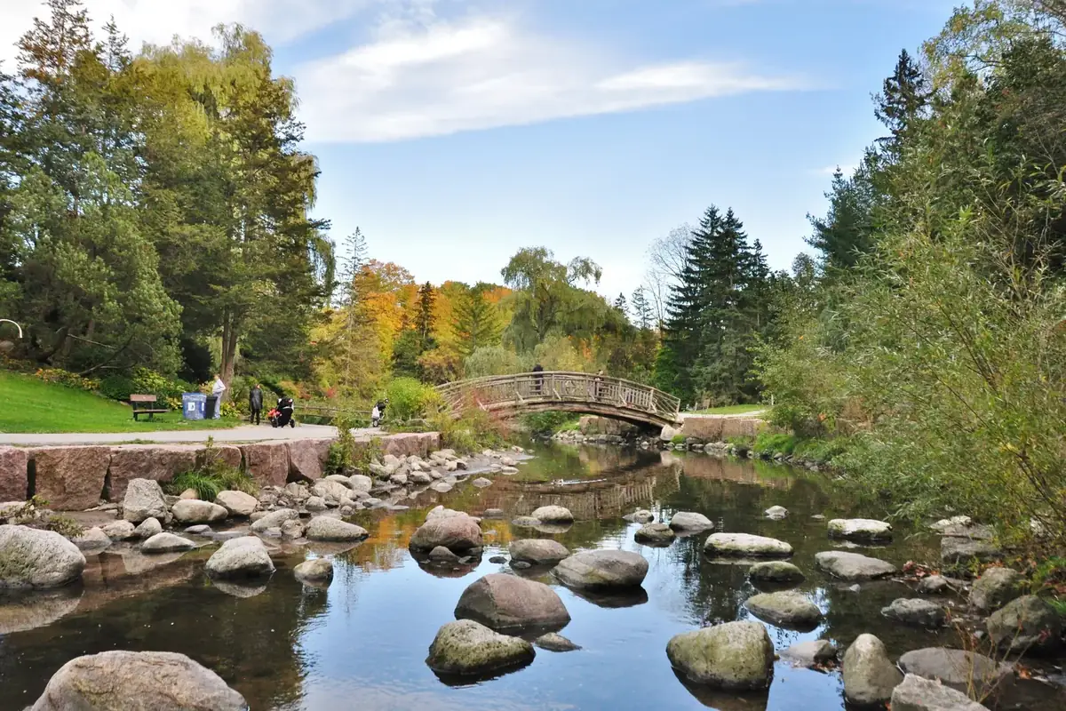 Wooden footbridge over Wilket Creek in Edwards Gardens in early autumn, Don Mills, Toronto