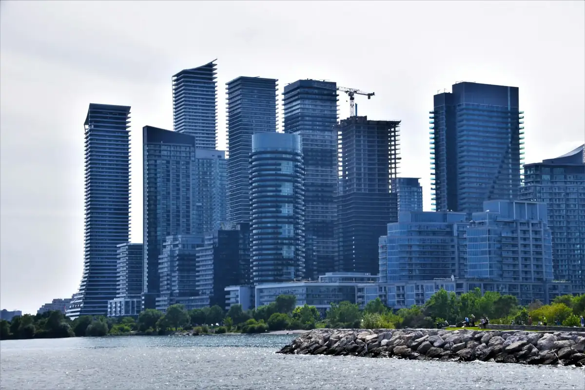 Condo towers at Humber Bay Shores in Etobicoke, Toronto, seen across Lake Ontario