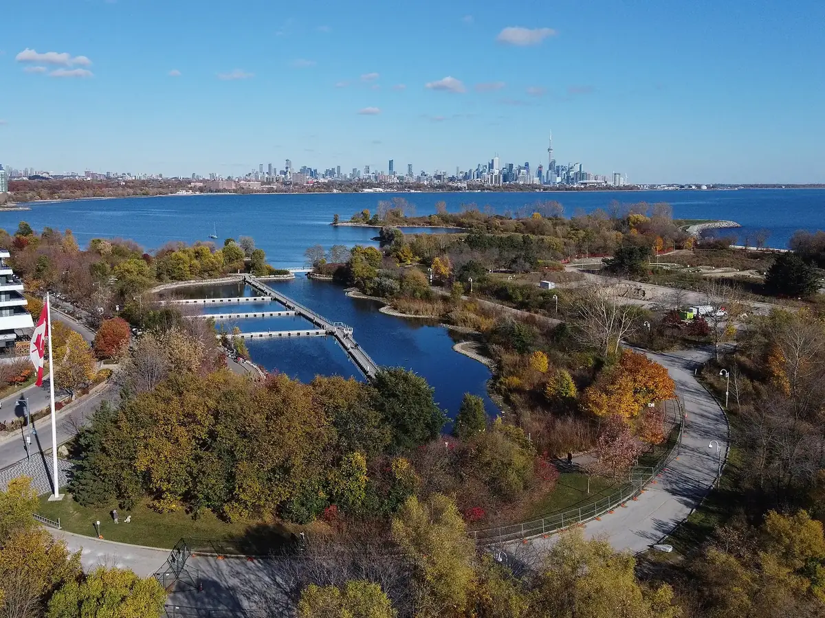 Aerial view of Humber Bay Park East in autumn, Etobicoke, with the Toronto skyline across the lake