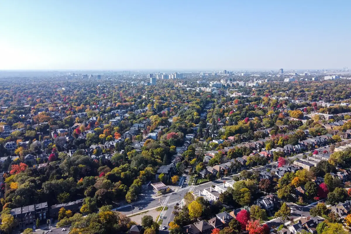 Aerial view of tree-lined Forest Hill streets in autumn colour, Toronto