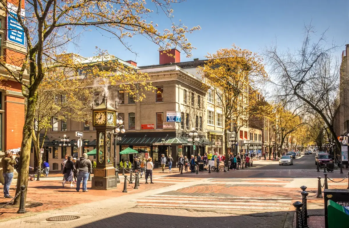 The Gastown Steam Clock on sunny Water Street, Vancouver