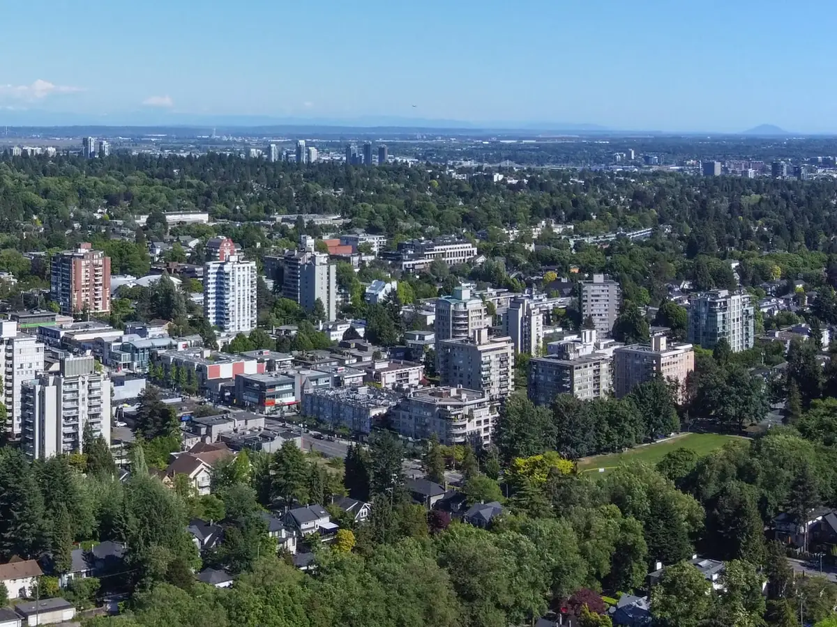 Aerial view over leafy Kerrisdale, Vancouver, in summer