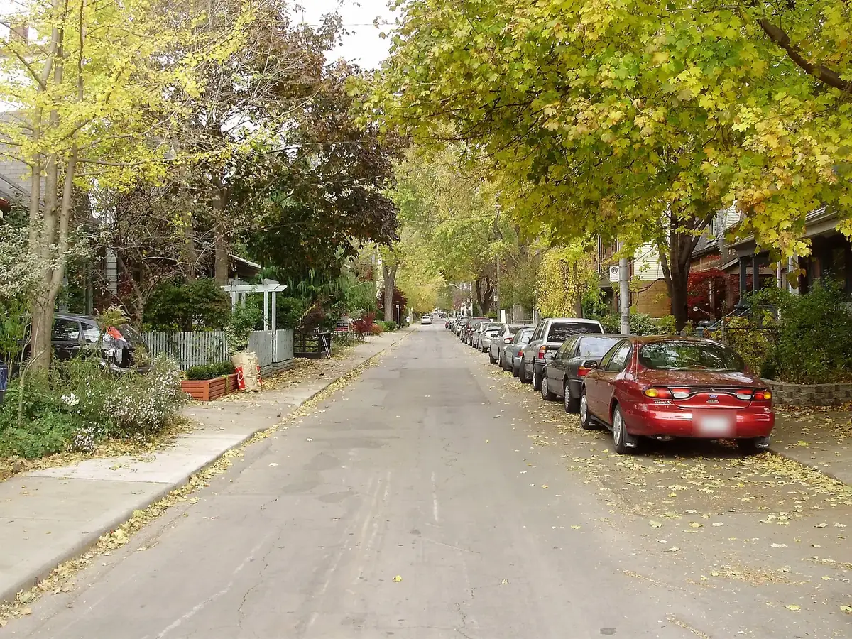 Tree-lined De Grassi Street in autumn, Leslieville, Toronto