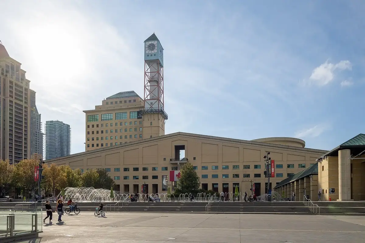 Mississauga Civic Centre’s clock tower and the Celebration Square fountains on a sunny afternoon