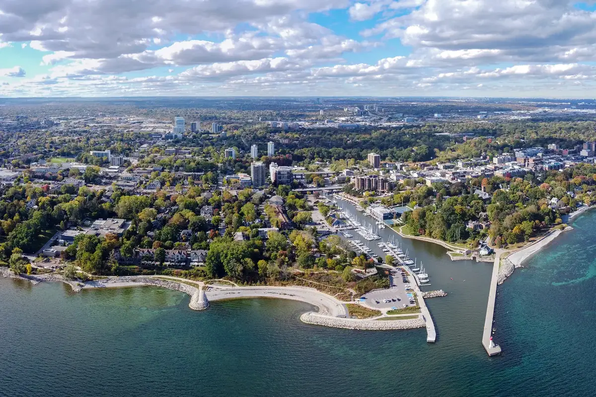 Aerial view of Oakville Harbour and the leafy streets of Old Oakville on Lake Ontario