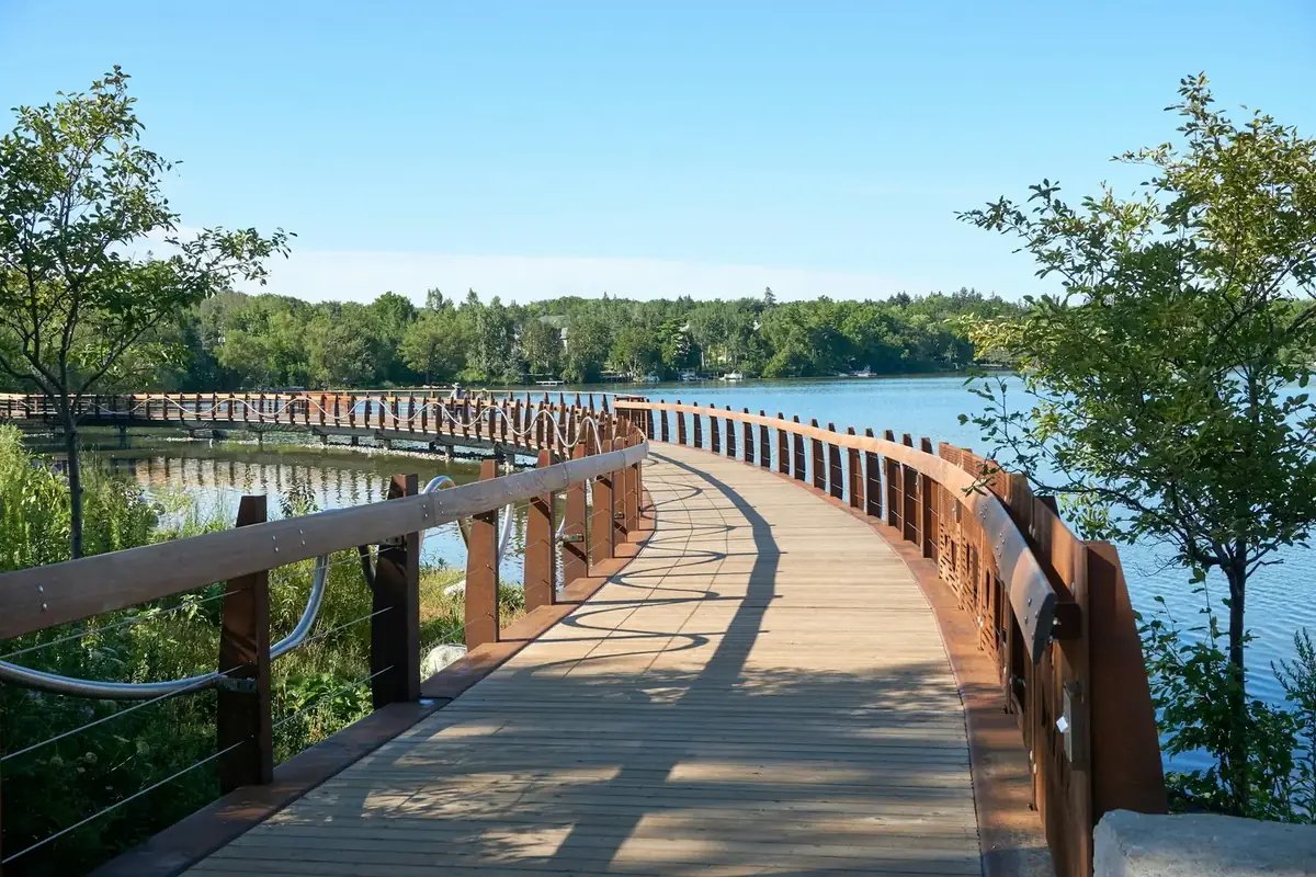 The curved pedestrian bridge over Lake Wilcox in Richmond Hill