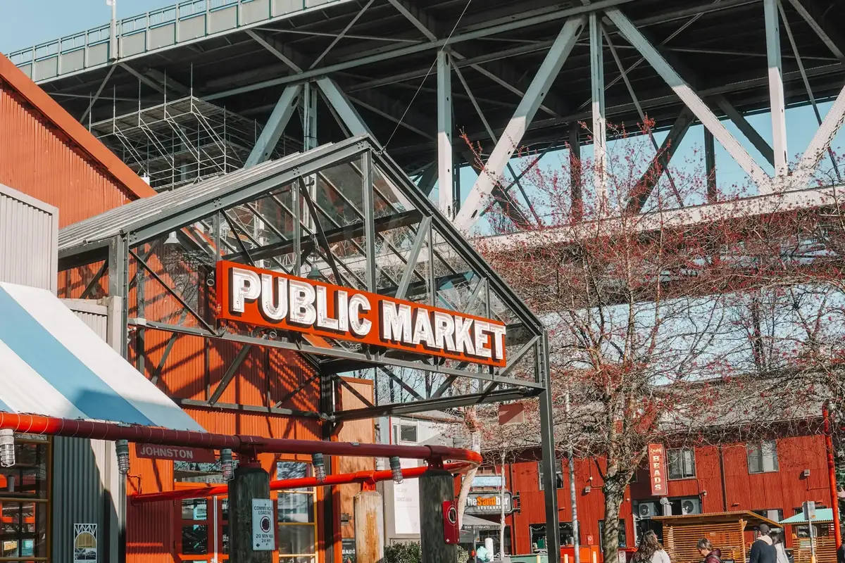 The Public Market sign at Granville Island, under the Granville Street Bridge