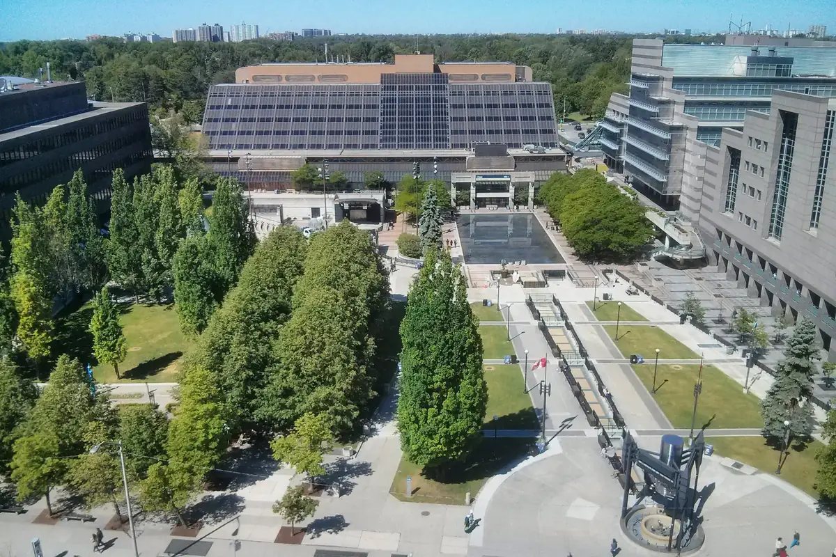 Tree-lined Mel Lastman Square and the North York Civic Centre seen from above, North York, Toronto