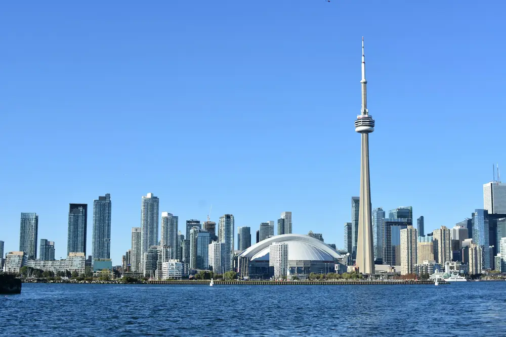 Toronto skyline with the CN Tower, seen across Lake Ontario