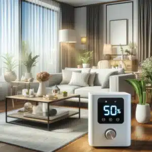Modern living room with 50% humidity displayed on a digital hygrometer. Home Cleaning