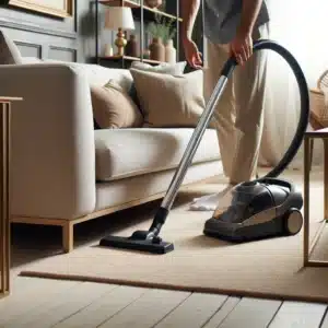 Person vacuuming under couch in a clean home interior.