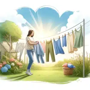 Person hanging laundry in peaceful backyard for natural drying.