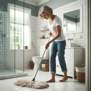 Person cleaning a pristine bathroom with white tiles and glass-door shower.