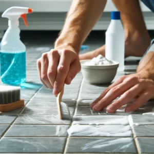 Close-up of hands cleaning bathroom tiles and grout with toothbrush. Using Hydrogen Peroxide