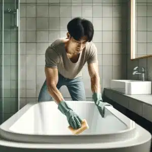Young Asian man cleaning large white bathtub in modern grey-tiled bathroom.