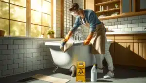 Person in protective gear cleaning bathtub in a ventilated bathroom. A cleaner
