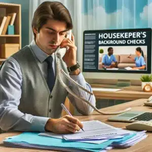 Busy professional organizing housekeeping tasks at a cluttered desk with computer and phone.