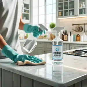 Person in gloves sanitizes kitchen with hydrogen peroxide spray.