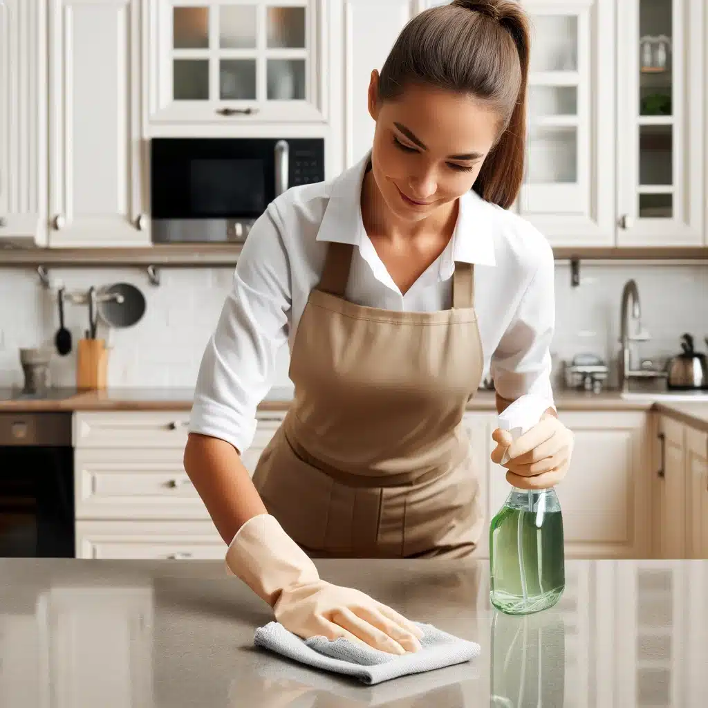 Professional house cleaner in uniform sanitizes kitchen counter with spray and cloth.
