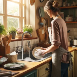 Person in apron washing dishes in a cozy, well-lit kitchen.