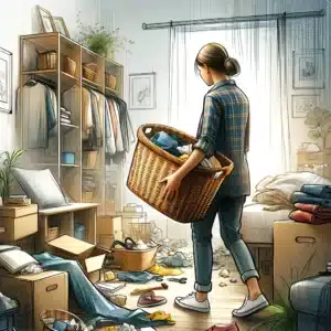 Person decluttering room with basket in hand.