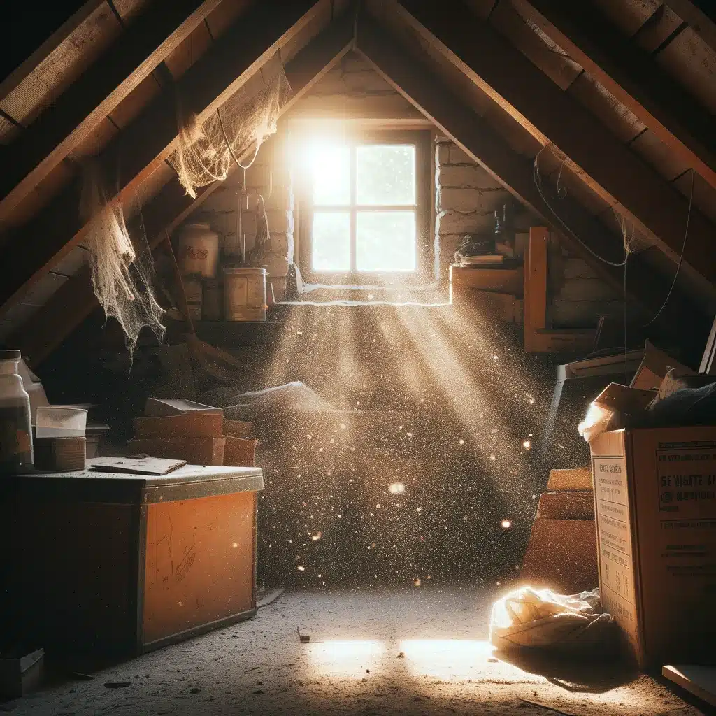 Sunlit dusty attic with floating dust and clutter.