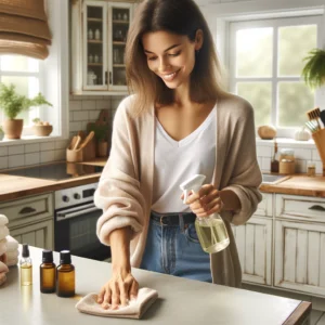 Person cleaning kitchen counter with essential oil-infused cloth in a bright space.