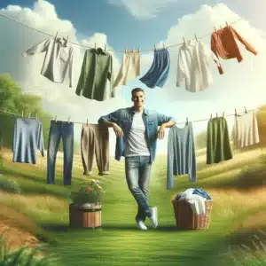 Friendly person drying laundry on a sunny backyard clothesline.