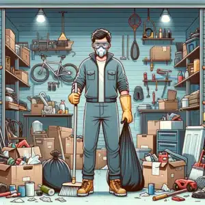Person in Safety Gear Cleaning Cluttered Garage