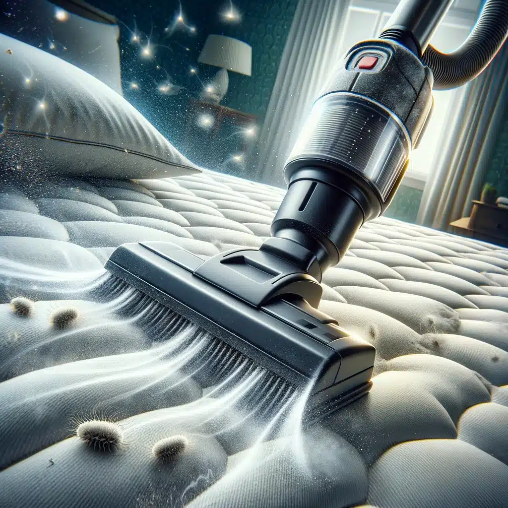 Powerful vacuum deep cleans mattress, highlighting the cleaners head in action.