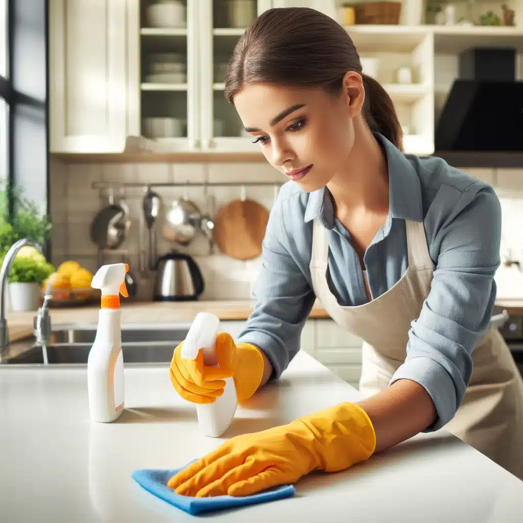 Housekeeper in gloves sanitizes kitchen counter with spray and cloth.