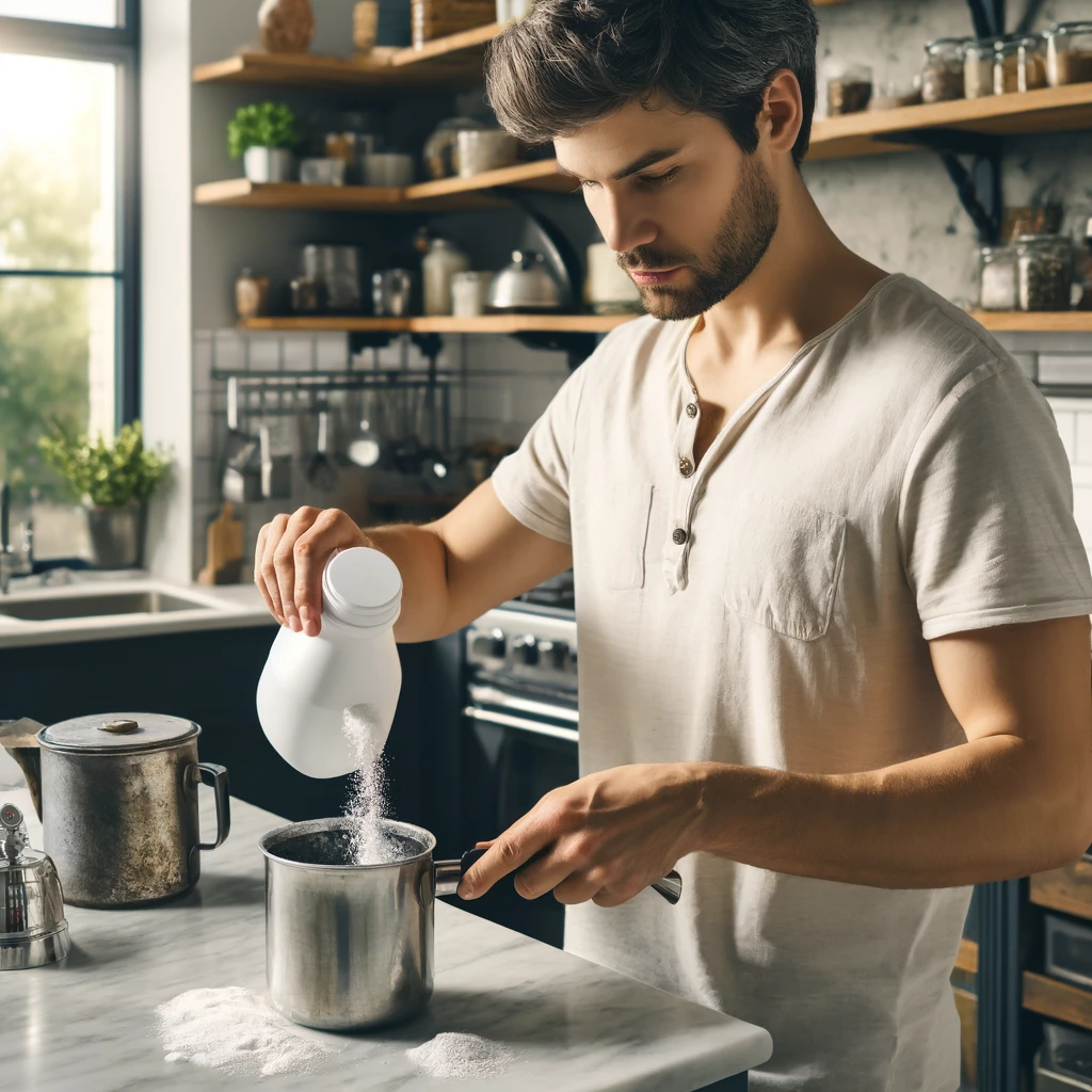 Person cleaning a coffee pot with baking soda in a sunny kitchen.