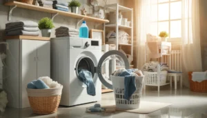 Bright laundry room with active washing machine and clean clothes transfer.
