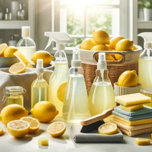 Lemon-based all-purpose cleaners and fresh lemons on display.
