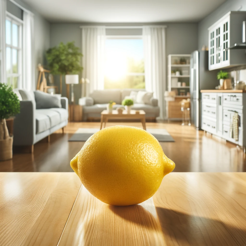 Lemon in focus with immaculate, shiny home interior background.