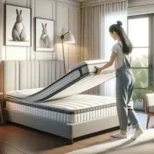 Young person flipping mattress in a well-organized bedroom.