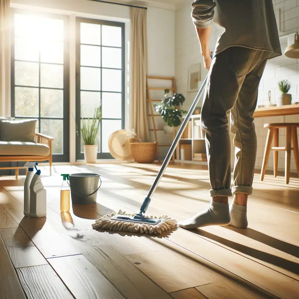 Person mopping wooden floor in a clean, well-lit room.