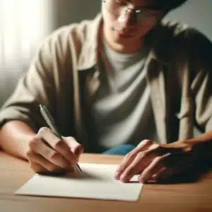 Person with glasses writing at desk in bright room.