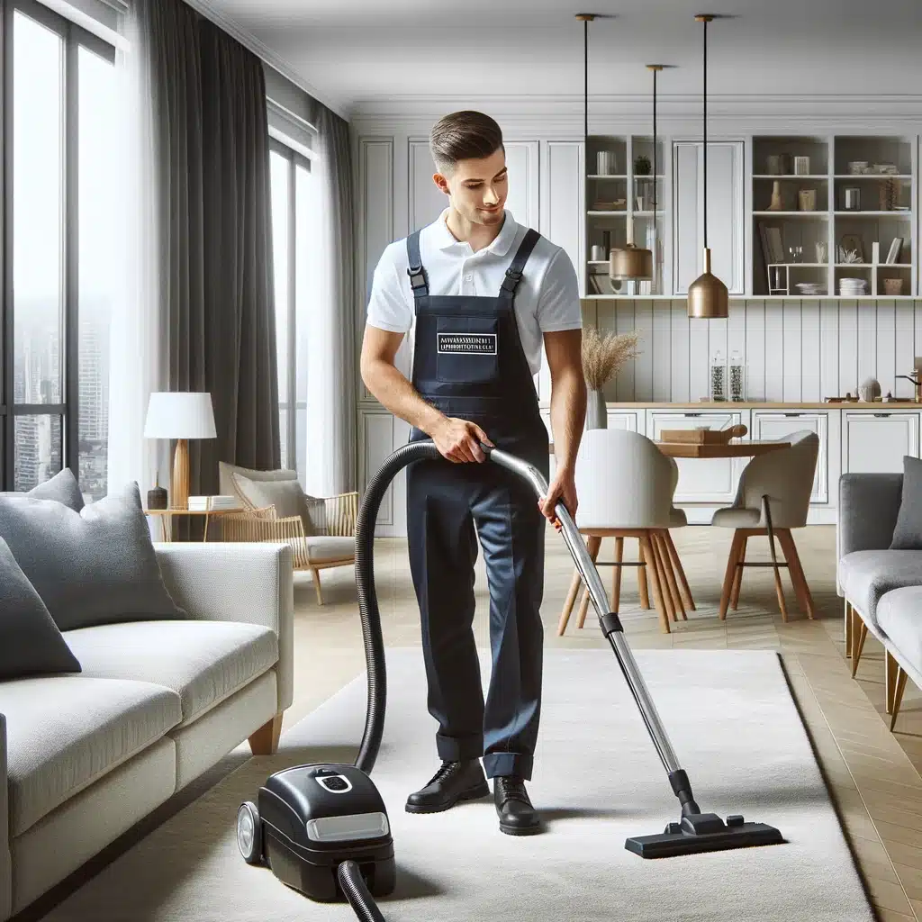 Professional cleaner vacuuming carpet in a modern living room.