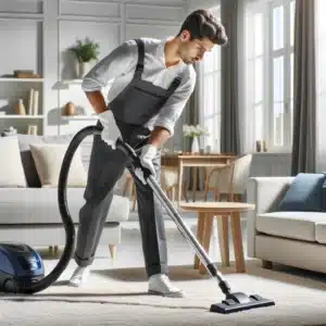 Professional cleaner vacuuming carpet in bright, modern living room.