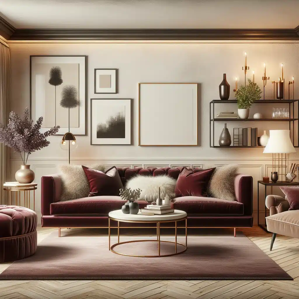 Elegant living room with plush velvet sofas exuding warmth and sophistication.