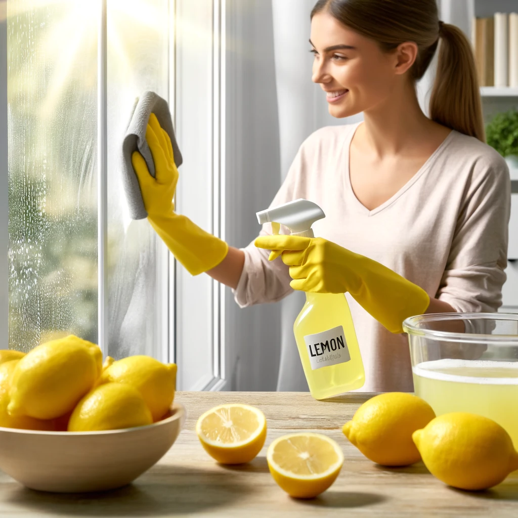 Person using lemon cleaner spray and cloth to clean a window.