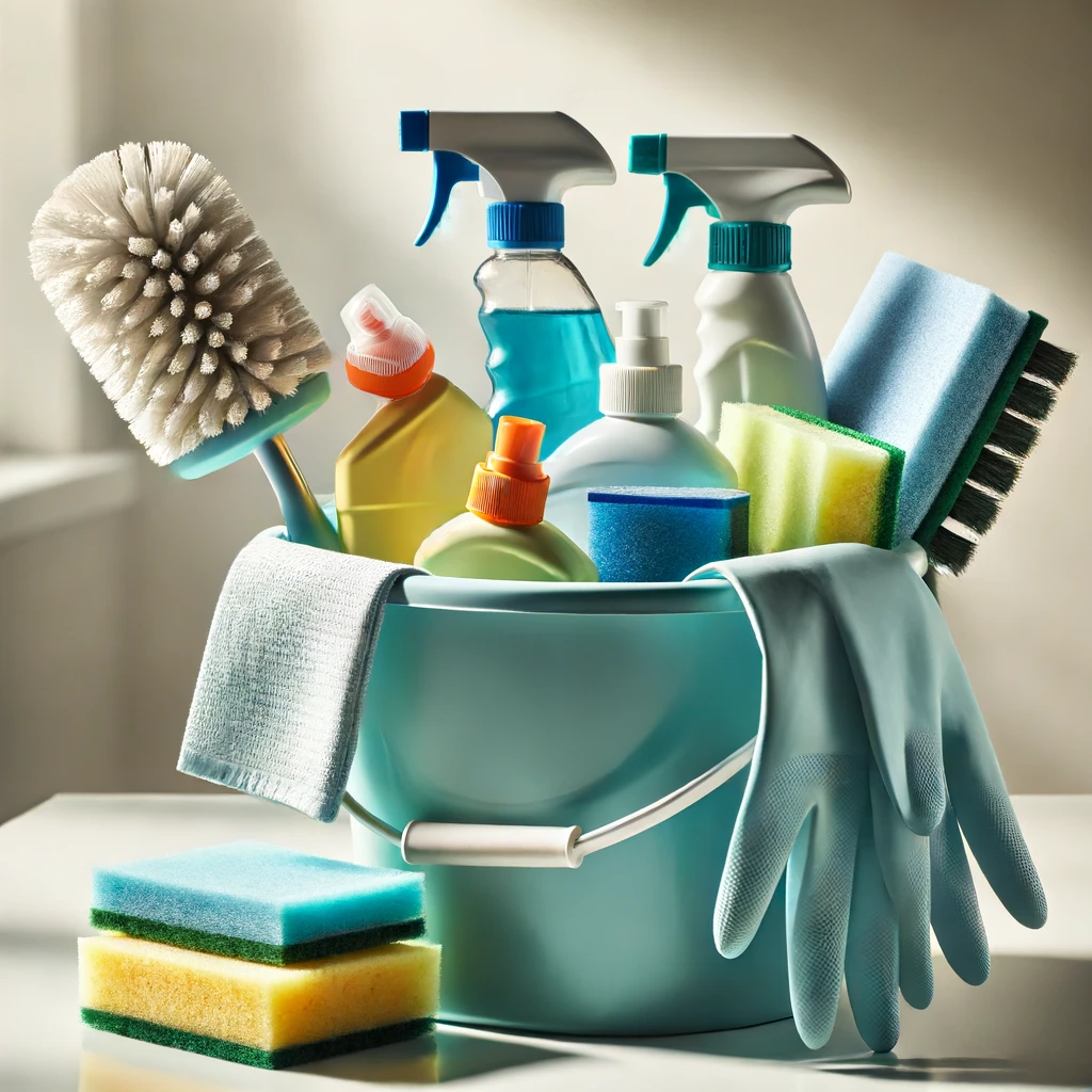 Cleaning essentials in a bucket with microfiber cloths and eco-friendly sprays.