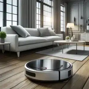 Futuristic robot vacuum cleaner glides through a chic living room with visible sensors.