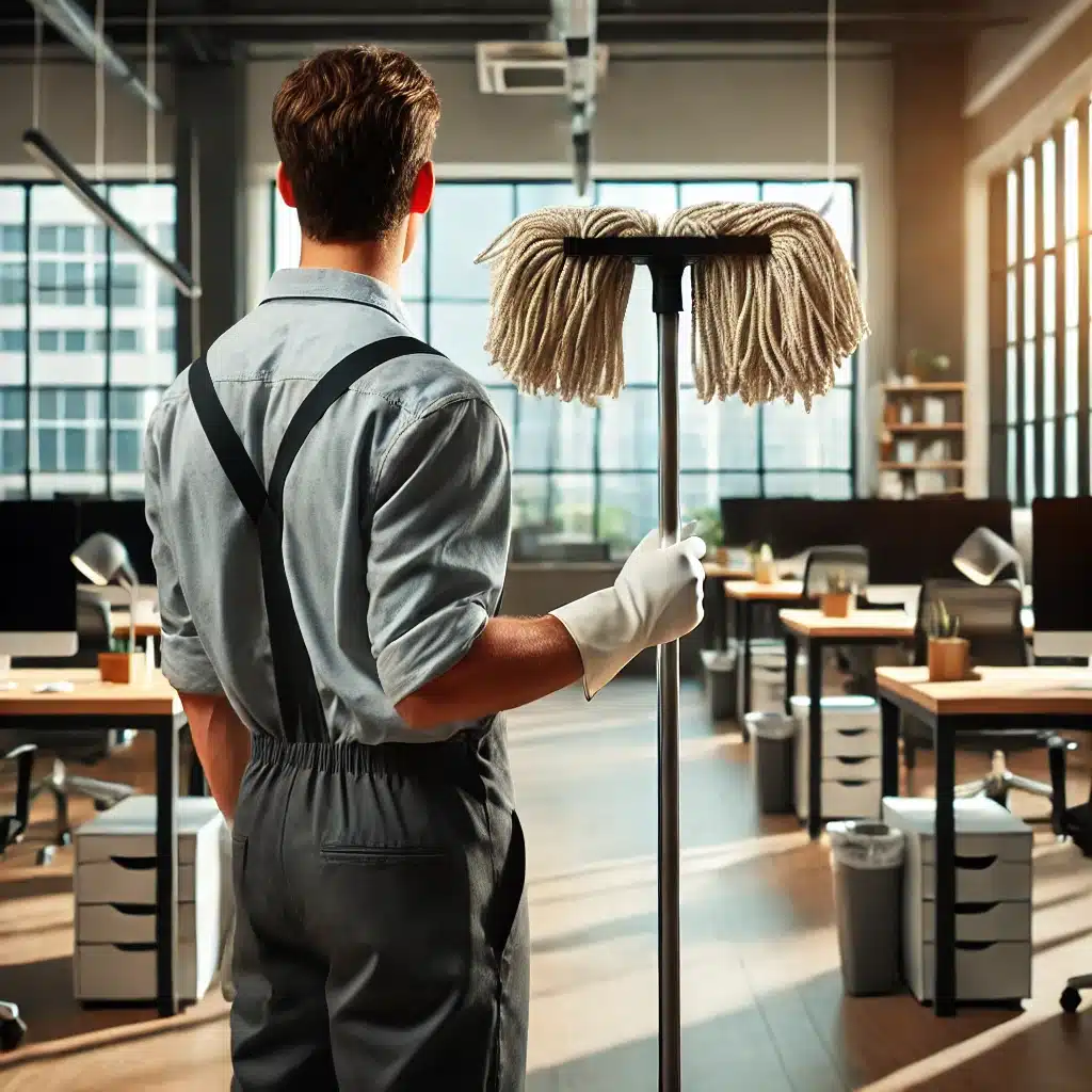 Janitor with mop standing in modern office space.