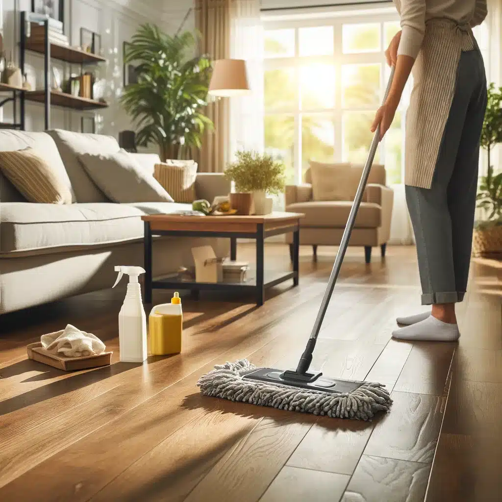 Person cleaning shiny hardwood floor with microfiber mop in modern living room.