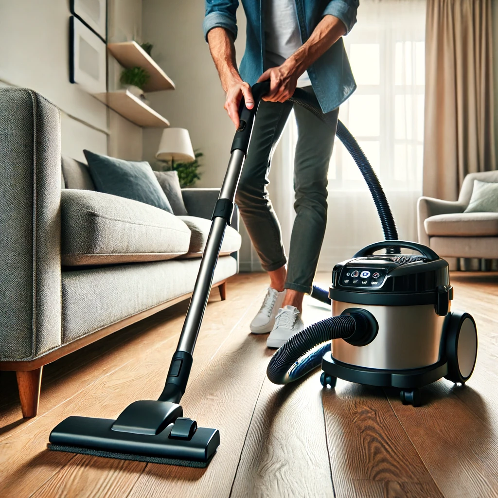 Modern vacuum cleaner in use on hardwood floor by dressed person near sofa.