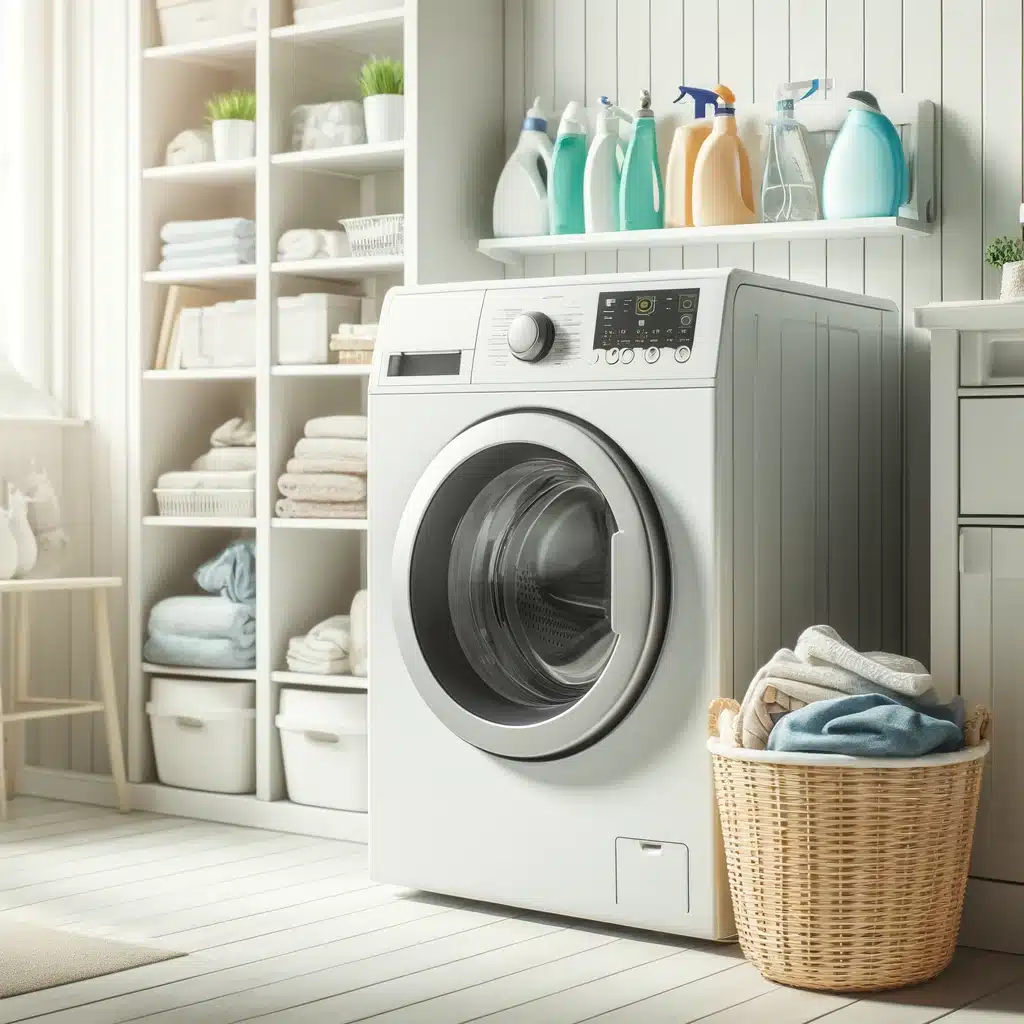 Sleek white front-loading washing machine with digital display in bright laundry room.