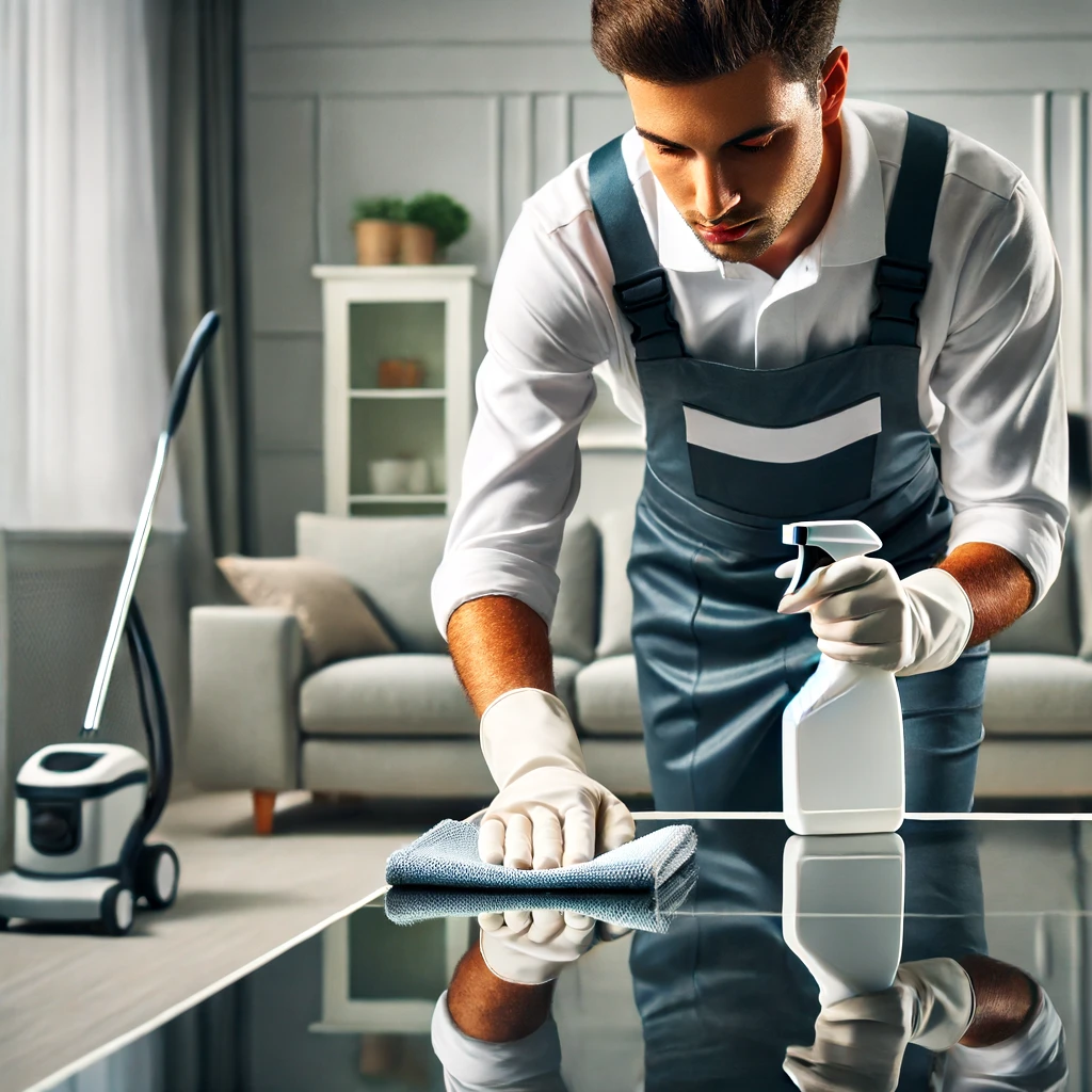 Professional cleaner sanitizing a table in a modern living room.