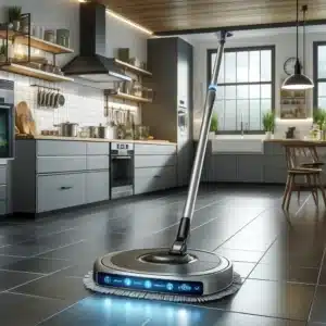 Smart robotic mop with LED lights navigates modern kitchen.